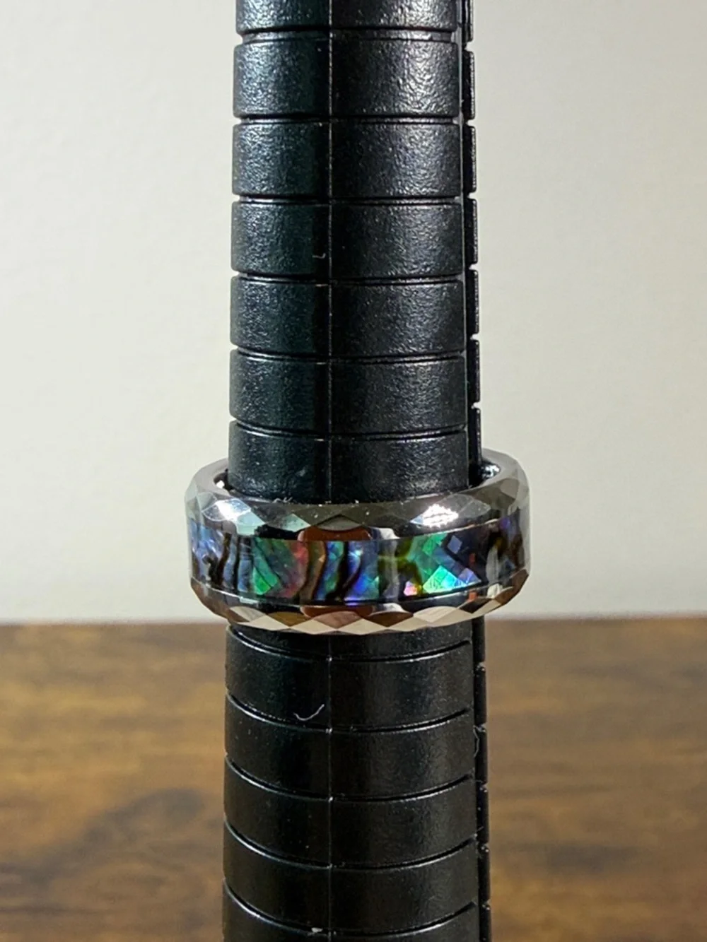 Tungsten Ring with Blue-Green Abalone Inlay, Size 7.75”